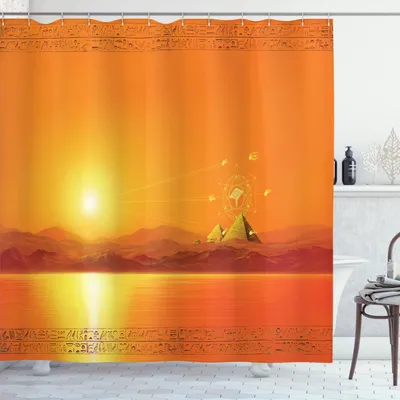 Immagine prodotto di ABAKUHAUS Egitto Tenda da doccia, piramidi sul deserto sabbioso con geroglifici su cornice - tramonto - paesaggio, 175 x 240 cm, giallo