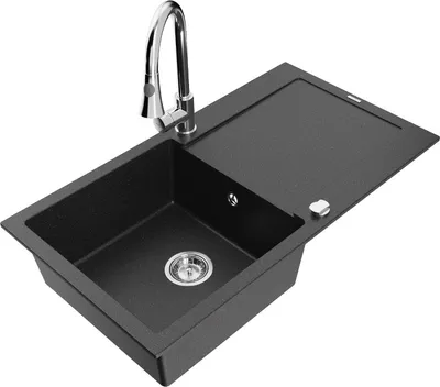 Produktbild von Mexen Leo 1 Becken-Granitspüle mit Abtropffläche und Mischbatterie Elia, Schwarz/Silbermetallic - 6501-73-670101-00
