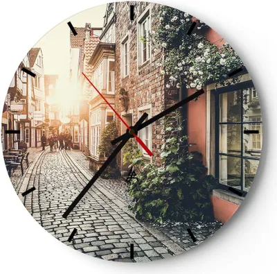 Produktbild von Wanduhr - Rund - Glasuhr - Straße Haus Leute - 40x40cm - Schleichendes Uhrwerk - Lautlos - zum Aufhängen bereit - Dekoration Modern - Wanddekoration aus Glas - C3AR40x40-3631
