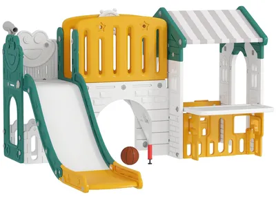 Image de Toboggan d'intérieur 7-en-1 avec structure d'escalade et maisonnette | Couleur : Jaune + Vert | Dimensions : 180 x 189 x 111 cm