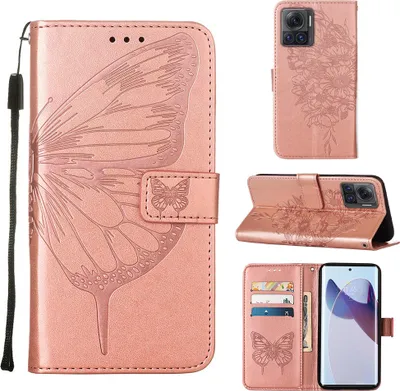Produktbild von Moto X30 Pro Hülle, Schmetterling Prägung Flip Leder Kartenfächer Schutzhülle Ledertasche mit Ständer für Motorola Moto X30 Pro 5G Roségold