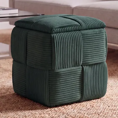 Obrázok produktu pre Taburetka HWC-Q47, taburetka, otomana, čalúnená taburetka, pouf, s odklápacím vekom a úložným priestorom, látka z manšestru (260 g/m²), 43 x 40 x 40 cm ~ zelená
