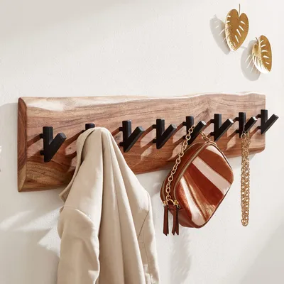 Produktbild von WOHNLING Design Wandgarderobe Akazie Massivholz / Metall 90 x 19 x 9 cm Hakenleiste Flurgarderobe Wand Garderobe Holz
