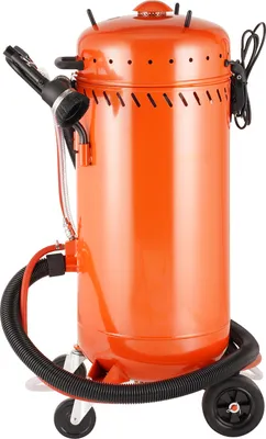 An orange sandblaster with a hose and wheels on a white background.