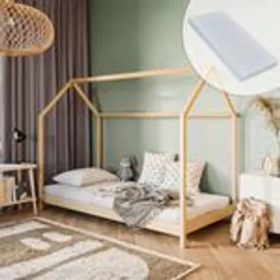 Produktbild von Hausbett Kinderbett 90x200 cm Bett mit Matratze & Lattenrost Bed Kinder Jugendbett Einzelbett Spielbett Hausbett Himmel | natur Kiefer Holz massiv Junge Mädchen 200x90 cm