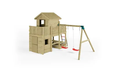 A wooden playhouse with a swing set, photographed against a white background.