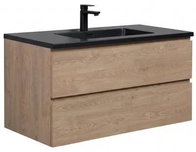 Immagine prodotto di Badplaats Set di mobili da bagno Angela 100 cm – Rovere castagna – Mobili da bagno con lavabo nero