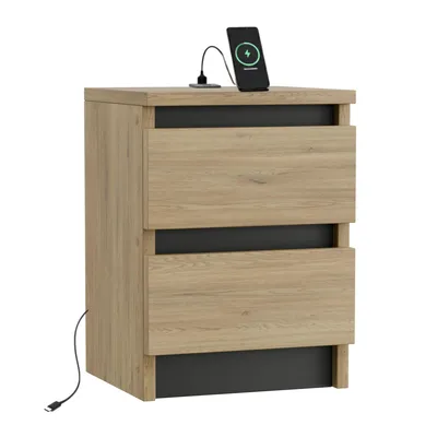 Produktbild von Nachtschrank – Kompakter Nachttisch im Loft-Stil, USB & USB-C, Eiche Torro, 30 cm