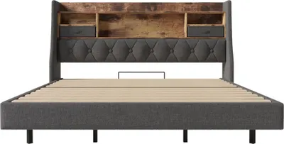 Obrázek produktu pro MODFU Čalouněná postel 180x200 studentská postel s LED osvětlením a nabíjecí stanicí, manželská postel s úložným čelem a roštem, rám bez matrace z lnu, šedá