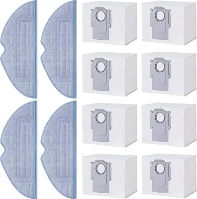Four mop pads are shown on the left, and eight dust bags are shown on the right. They are arranged in a grid.