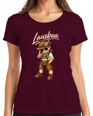Obrázek produktu pro Lausbua, pánské kožené kraťasy, , Bavorsko, dámské šaty "Dirndl", "Wiesn", alpský motiv, dámské tričko, vínová barva, velikost 3XL