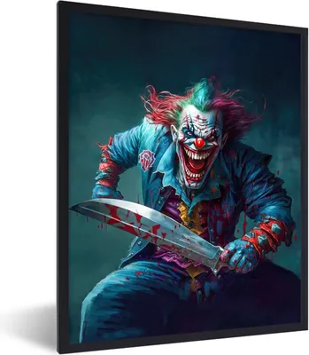 Produktbild von MuchoWow® Gerahmtes Poster Clown - Horror - Messer - Kleidung - Porträt 60x80 cm - Poster mit Schwarzem Bilderrahmen Wandposter Rahmen Foto Bilder - Premium - Wanddeko Wohnzimmer