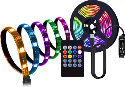 A set of RGB LED strip lights, a remote control, and a USB cable are displayed against a white background.