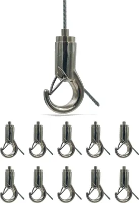 Produktbild von 10x Drahtseilhalter / Gripper 15, Haken mit Aushängesicherung, für Drahtseil Ø 1,0 - 1,5 mm | vernickelt