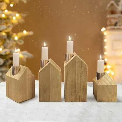 Kerzenhalter-Set aus Holz, 4er, Höhen 9-15 cm, Advent