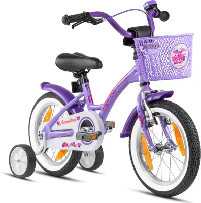 Produktbild von PROMETHEUS Mädchenfahrrad ab 3 - 4 Jahre | 14 Zoll Kinder Fahrrad mit Stützräder | Violett & Weiss