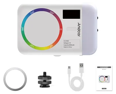Obrázok produktu pre CC5 RGB videolampa, obojstranné fotografovanie, 2500 K – 9000 K, stmievateľná kamera, nabíjanie telefónu, 26 scénických efektov, integrovaná batéria s adaptérom na studenú päticu