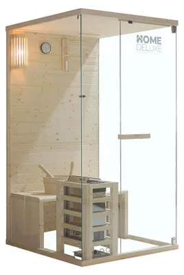 Produktbild von HOME DELUXE - Traditionelle Sauna ARUNA S - Maße: ca. 100 cm × 110 cm × 190 cm, Holz: Fichtenholz, 8 mm klares Sicherheitsglas - inkl. Saunaofen und Saunazubehör
