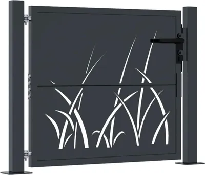 A dark gray metal garden gate with a cut-out grass design, shown in a studio setting against a light gray background.