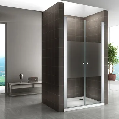 A modern bathroom with a glass shower enclosure.