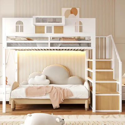 Produktbild von Merax Etagenbett Hochbett 90x200cm mit Stauraumleiter und Ablagefach, Metallbett mit LED-Lichtleiste,Kinderbett mit Sicherheitsgitter, Weiß