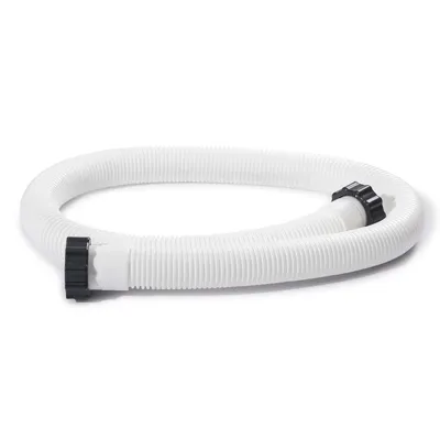 A white corrugated hose with black screw-on connectors on a white background.