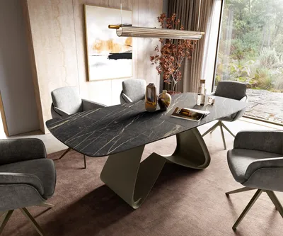 Produktbild von DELIFE Esstisch Edge Boot 180-220x100 cm Laminam® Keramik Noir Desir Braun W-Gestell Metall Effektfinish Titan ausziehbar