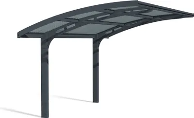A modern aluminum carport with a curved, wave-like roof.