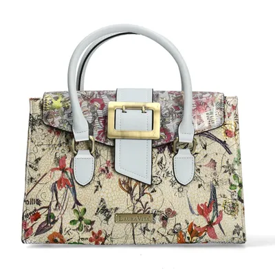 Produktbild von LAURA VITA Henkeltasche Andarta 01 beige weiß geblümt mit langem verstellbaren Schultergürtel abnehmbar