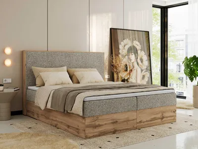 Produktbild von MKS MEBLE Boxspringbett WOOD CLASSIC, Komplett Set mit Multipocket-Matratze und Topper T25, Doppelbett für Schlafzimmer, hohe Kopfteil - 140 x 200 cm - H4 - Dunkelbeige Struktur