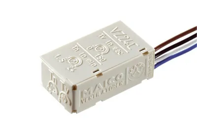 A close-up studio shot of a white electronic device with wires.