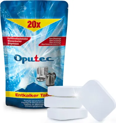 A pouch of Oputec descaler tablets with three tablets shown in the foreground.
