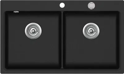 A top-down view of a black double kitchen sink with two silver drains and two faucet holes.