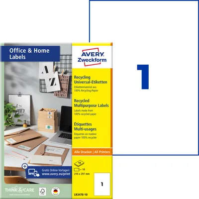 Produktbild von Avery Zweckform LR3478-10, Recycling Etiketten, Home Office, Kleinpackung, A4, 210 x 297 mm, 10 Etiketten / 10 Bögen, naturweiß