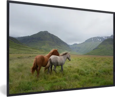 Produktbild von MuchoWow® Gerahmtes Poster Pferde - Gras - Berge 90x60 cm - Poster mit Schwarzem Bilderrahmen Wandposter Rahmen Foto Bilder - Fotorahmen - Foto-Plakat