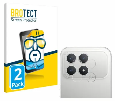 A product shot showing packaging for screen protectors and a close-up of a smartphone camera module with screen protectors applied.