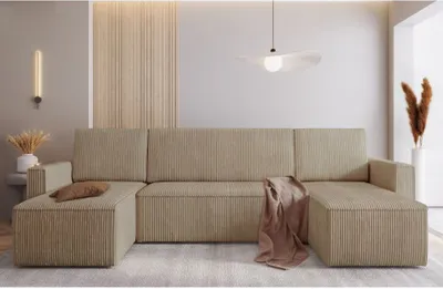 Produktbild von Easy4You Beige Ecksofa Mimir Kord in U-Form 303 x 80 x 145 cm mit Schlaffunktion und Bettzeugbehälter - Schlafsofa mit Bettkasten - Eckcouch mit Stauraum - Stoff: POSO 02