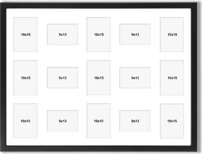 A collage of empty photo frames of different sizes arranged in a grid within a larger frame.