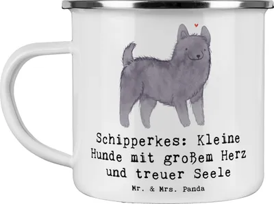 Produktbild von Mr. & Mrs. Panda Emaille Tasse Schipperkes Herz - Weiß - Geschenk, Pott, Hunderassen Eigenschaften, becher, familienfreundliche Hunde, Hunderasse, Charakter, Teetasse