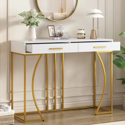 Produktbild von MODFU Schminktisch Konsolentisch mit 2 Schubladen,Frisiertisch Beistelltisch mit Metallgestell,120x38x76 cm Schminkkommode mit MDF-Tischplatte,Weiß