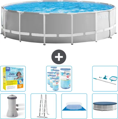 Produktbild von Intex Round Prism Frame Swimming Pool – 457 x 122 cm – Grau – inklusive Pumpe – Leiter – Bodenplane – Abdeckung Wartungspaket - Filter - Reinigungskit