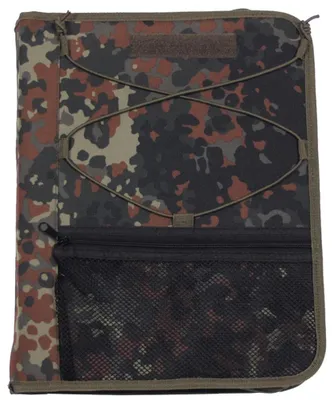 A flat lay of a camouflage A4 writing pad with a mesh pocket and bungee cords.