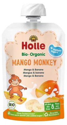 MUS MANGO MAŁPKA (JOGURT - MANGO - BANAN) BEZ DODATKU CUKRÓW OD 8 MIESIĄCA BIO 100 g - HOLLE