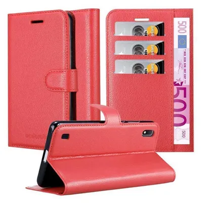 Multiple views of a red flip-style phone case with card slots and a bill holder.