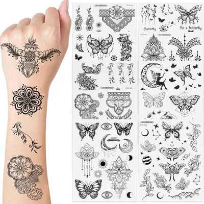 Image de Lot de feuilles de tatouages temporaires - Feuilles de tatouages temporaires noirs avec motifs mandala, résistants à l'eau, pour hommes et femmes, lot de 10 pièces