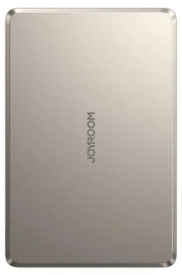 The back of a silver-colored power bank with the brand name 'JOYROOM' printed vertically in the center.