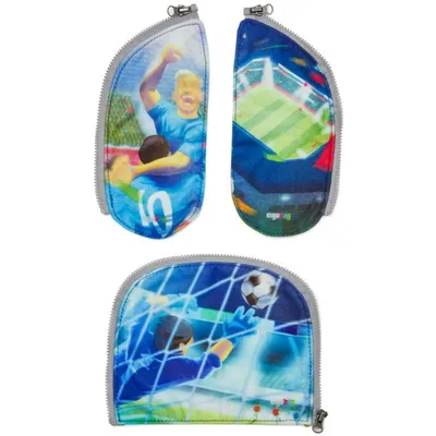 A collage of three images of soccer-themed pencil cases.