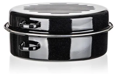 A black roasting pan with a silver rack on top, shown from a slightly elevated side angle against a white background.