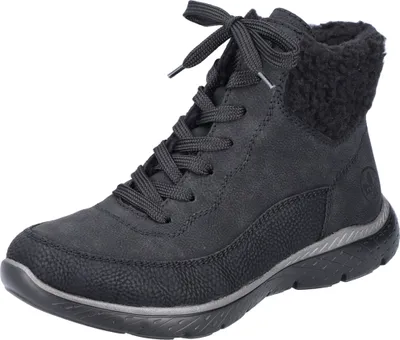 A black winter boot with laces and a faux fur collar.