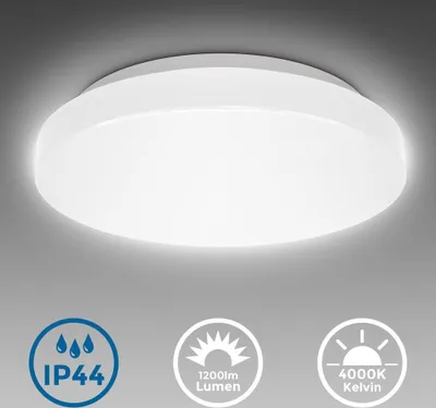 A white, round ceiling light is shown against a grey background. Below the light are three circular icons with text and graphics.